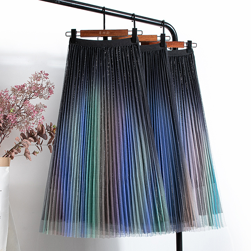 Autumn Gradient Color Flowing Gauze Skirt for Women, Shiny Silk Starry Sky Colorful Mesh Skirt, Mid-Length Sparkling Pleated Skirt