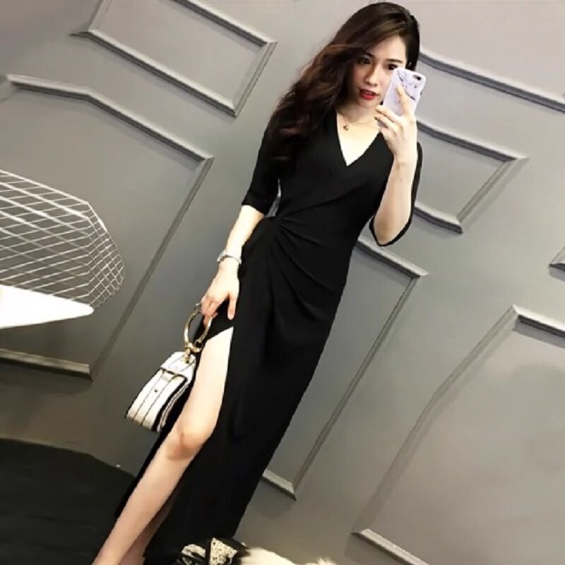 French Retro Little Black Dress for Women, Spring and Summer One-Piece Wrap Dress, Waist-Cinching, Slimming, Modal Elegant Long Dress French Retro Little Black Dress for Women, Spring and Summer One-Piece Wrap Dress, Waist-Cinching, Slimming, Modal Elegant Long Dress