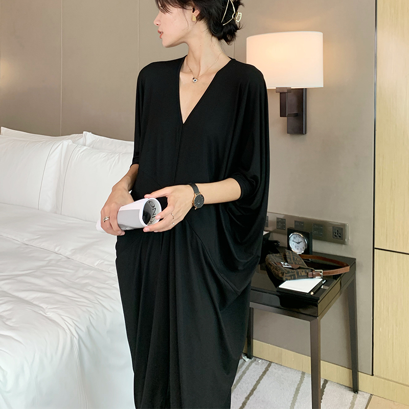 Modal Dress for Women, Spring and Summer, Sexy V Neck, Elegant, Large Size, Loose, Lazy Style, Bat Sleeves, Black Long Skirt Modal Dress for Women, Spring and Summer, Sexy V Neck, Elegant, Large Size, Loose, Lazy Style, Bat Sleeves, Black Long Skirt