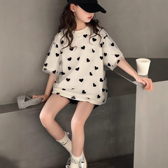
Girls short-sleeved T-shirt summer 2025 new children's fashionable summer clothing big children's double-layer love mesh top