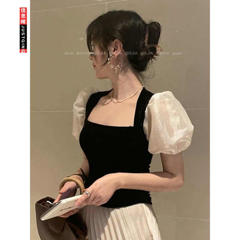 Knitted Patchwork Square-Neck Puff Sleeve Shirt for Women, Summer Design, Niche French Chic, Slim-Fit Short Top