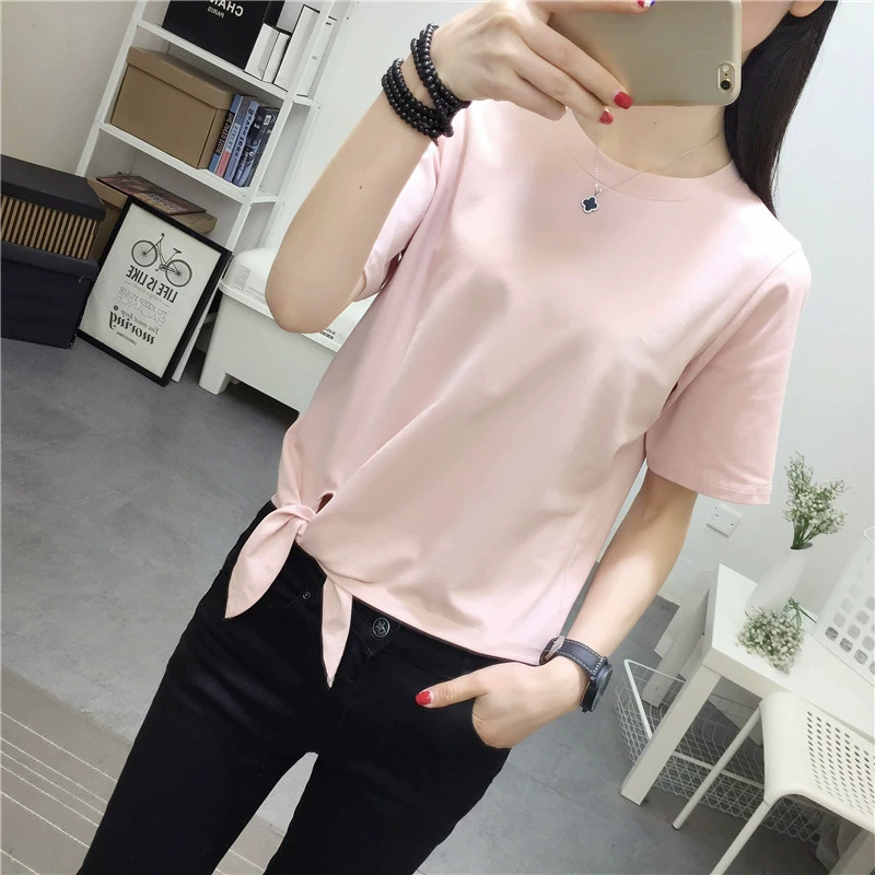 Mùa hè 2018 mới phong cách BF BF Hồng Kông hương rắn màu Áo thun nữ ngắn tay Hàn Quốc lửng sơ