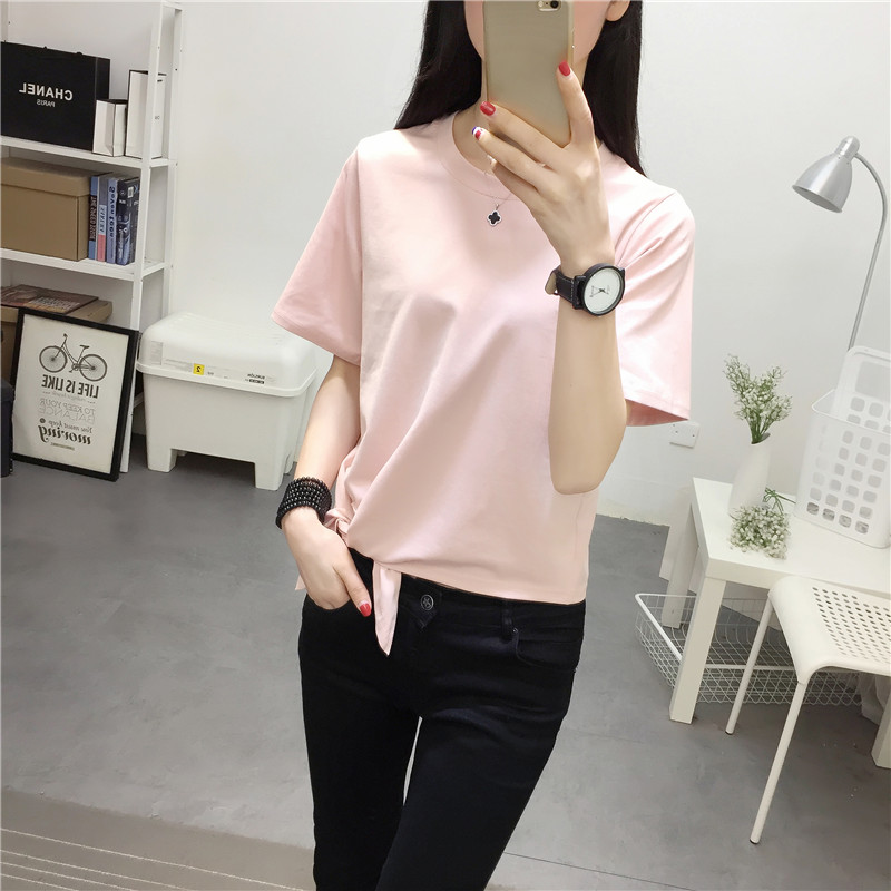 Mùa hè 2018 mới phong cách BF BF Hồng Kông hương rắn màu Áo thun nữ ngắn tay Hàn Quốc lửng sơ áo phông nữ rộng
