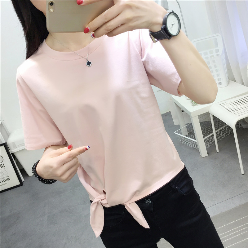 Mùa hè 2018 mới phong cách BF BF Hồng Kông hương rắn màu Áo thun nữ ngắn tay Hàn Quốc lửng sơ áo phông nữ rộng