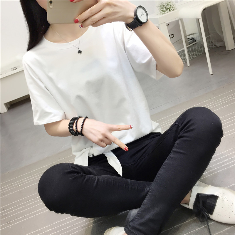 Mùa hè 2018 mới phong cách BF BF Hồng Kông hương rắn màu Áo thun nữ ngắn tay Hàn Quốc lửng sơ áo phông nữ rộng