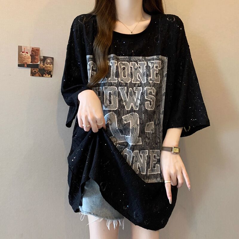 150kg Summer New Loose-Fitting High-End Large-Size Short-Sleeve T-Shirt Plus-Size Women's Clothing Mid-Length Top That Covers the Body