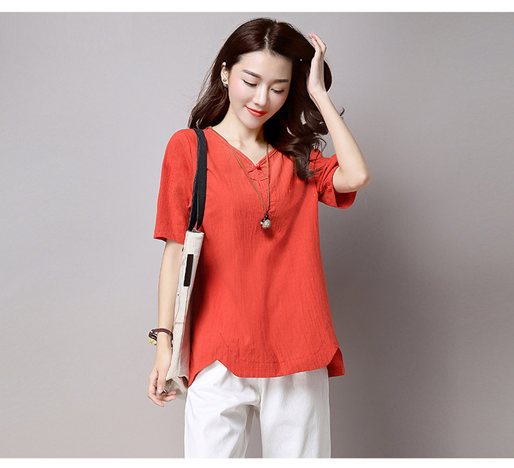 实拍3260#2022年夏新款棉麻大码女装文艺复古短袖T恤详情13