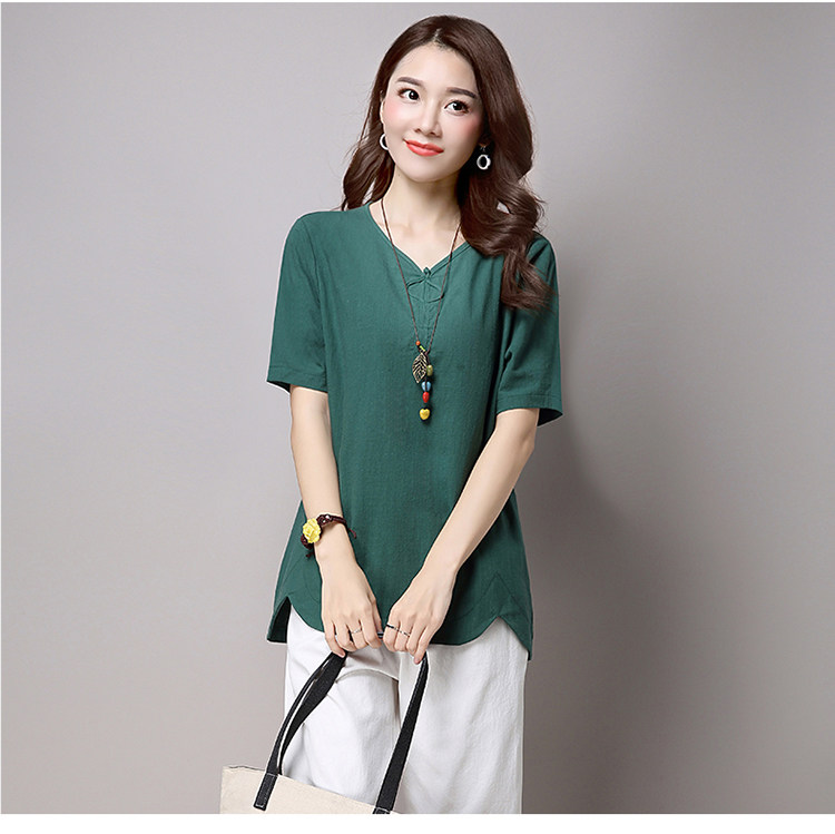 实拍3260#2022年夏新款棉麻大码女装文艺复古短袖T恤详情24