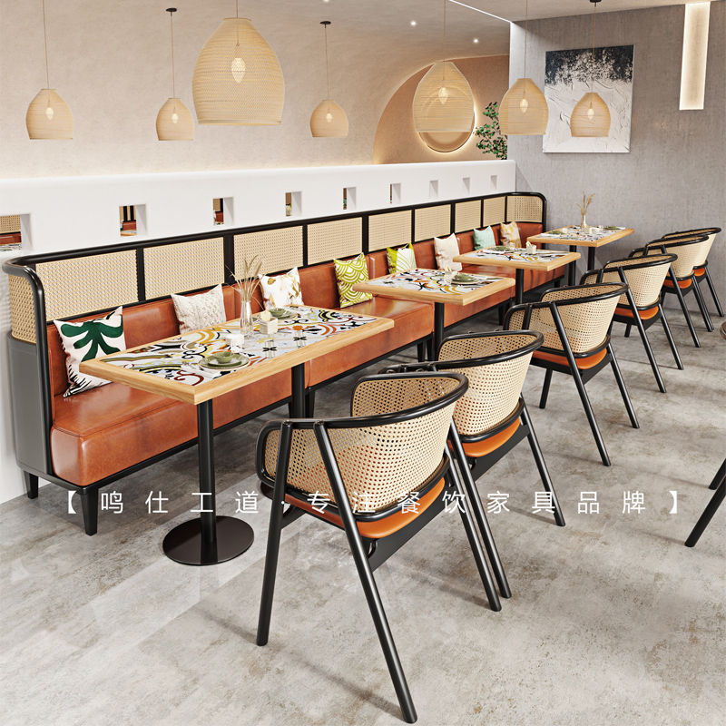 Custom card seat sofa Chinese coffee large dining room restaurant against the wall marble table and chair combination Rattan chair