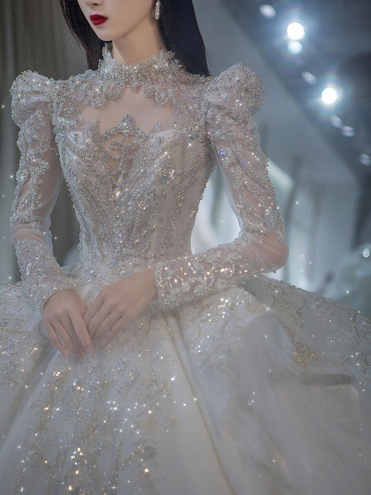 Advanced retro wedding dress for bride, long sleeve, french style, suitable for teen, high-end