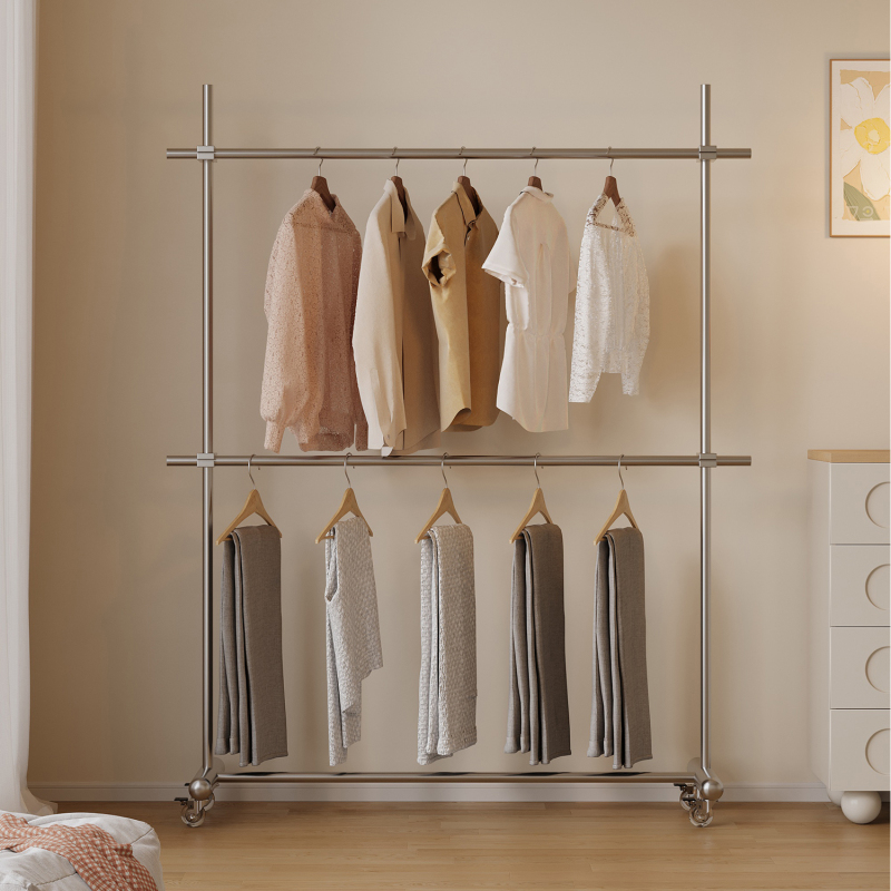 Adjustable Wheeled Movable Clothing Store Display Rack Brushed Stainless Steel Clothes Rack Floor-Standing Clothes Rack for Home Use