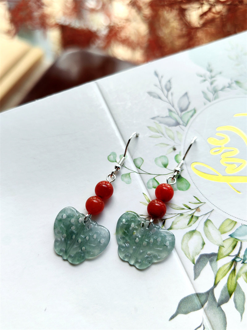 Серьги 天然蓝水翡翠蝴蝶耳环老坑南红耳饰玉石耳坠高级国风中式纯银耳钩耳环