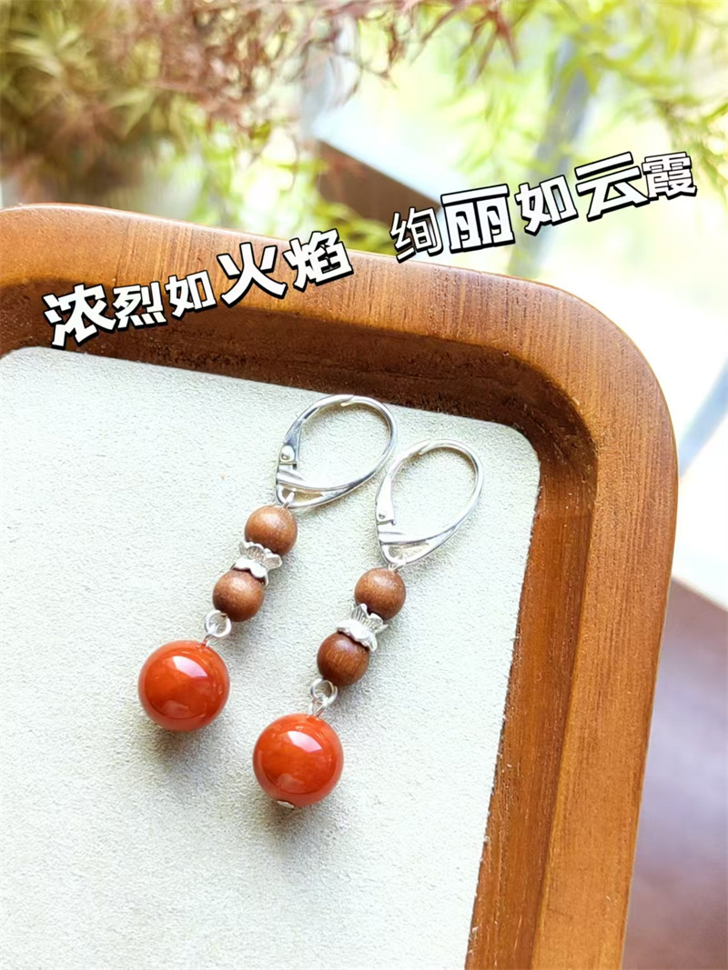Серьги 天然火焰纹南红耳饰芭比檀香耳环复古新中式国风纯银气质高ji耳饰 OTHER Серьги 天然火焰纹南红耳饰芭比檀香耳环复古新中式国风纯银气质高ji耳饰 OTHER