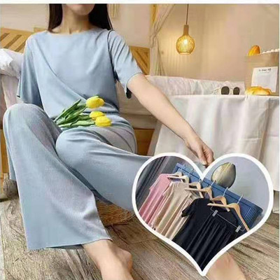 古娜丝冰丝棉软软套装】夏薄纯色懒人家居服两件套短袖松紧腰长裤