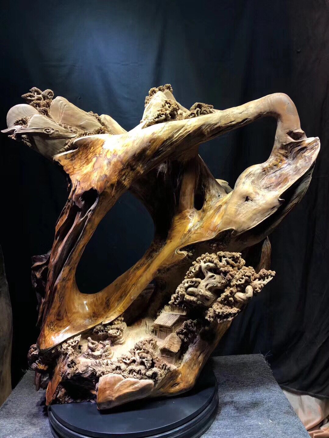 Gloomy wood Jinsinan hand-carved craftsmanship collection works ornaments pour the wine full of living room root carving large-scale ornaments