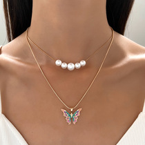 Butterfly Necklace Pearl Double Chain Jewelry butterfly necklace ornament