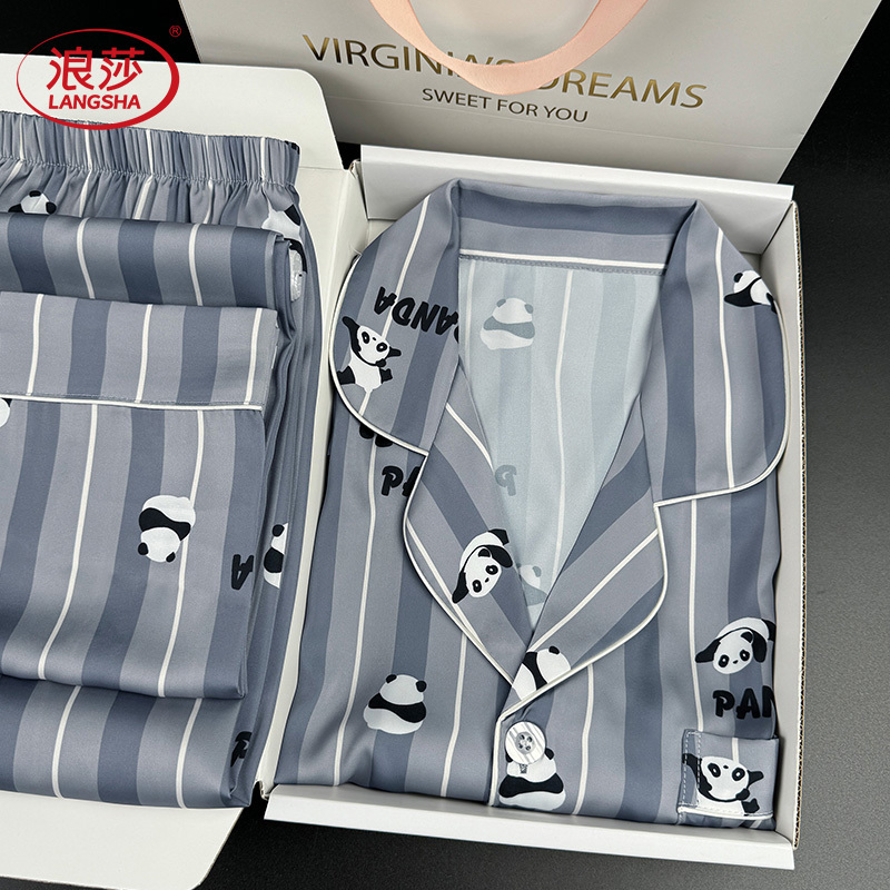 Langsha Striped Pajamas for Men, Spring and Autumn Long-Sleeved Ice Silk, New Panda Summer Short-Sleeved Loungewear Set