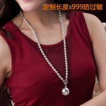 999 pure silver necklace female silver round pearl chain long fur coat chain mens Buddha pearl chain baby silver chain