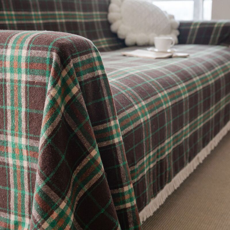 American Country Style British Retro Plaid Faux Wool Anti-Cat Scratch Sofa Cover Multi-Purpose Dustproof Tassel Cover American Country Style British Retro Plaid Faux Wool Anti-Cat Scratch Sofa Cover Multi-Purpose Dustproof Tassel Cover