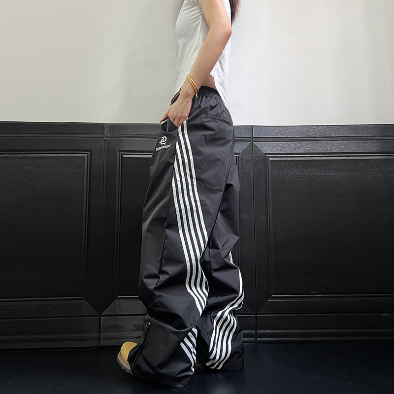 Original Five-Stripe Loose-Fit Nylon Sports Pants, Black Casual Straight-Leg Outdoor Pants for Men