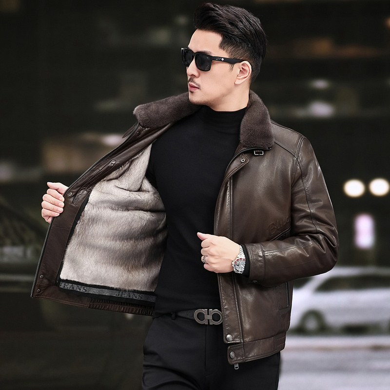 Caesar Genuine Leather Jacket for Men, First Layer Goat Leather, Detachable Mink Liner, Mink Collar, Short Leather Jacket for Winter