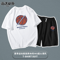Summer sports suit mens cotton thin loose basketball casual wild 2021 new fashion short sleeve five-piece pants