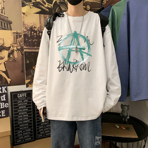 Spring and Autumn Mens T-shirt Long Sleeve Cotton base shirt Tide Brand Thin Clothes Loose Joker White Wear