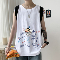Sleeveless T-shirt men Cotton loose Joker Tide brand Hong Kong style Sports Basketball white sweat-absorbing crotch vest men