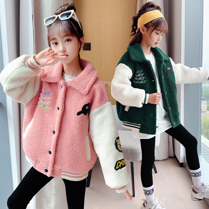 Girl Fashion Wool Sweater 2021 New Internet Red Foreign Pie Children Cashmere Jacket Little Girl Plus Velvet Baseball Suit