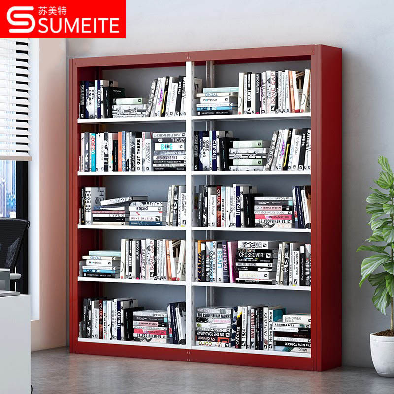 Steel Bookshelf School Library Bookshop Reading Room Single-sided Bookshelf Information Shelf One-line-two-five-layer red