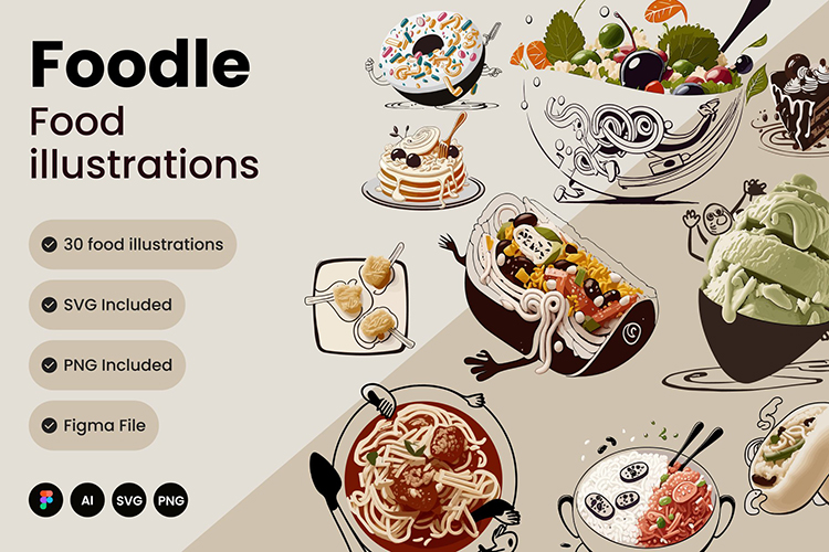 30款时尚潮流涂鸦快餐美食甜品点心餐饮插图插画ai设计素材源文件-cg男孩