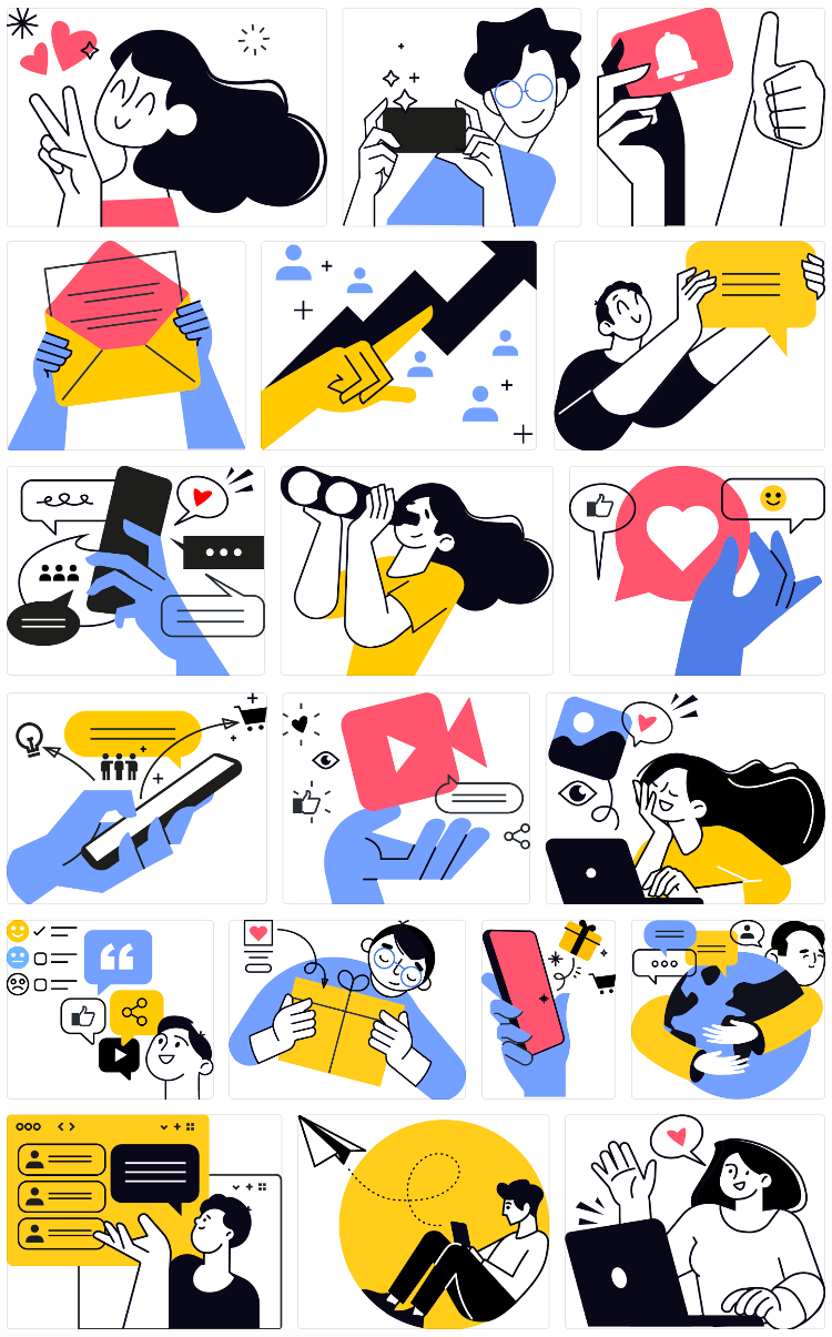 简笔线条手绘人物社交电商营销场景演示插图插画ai矢量设计素材-cg男孩