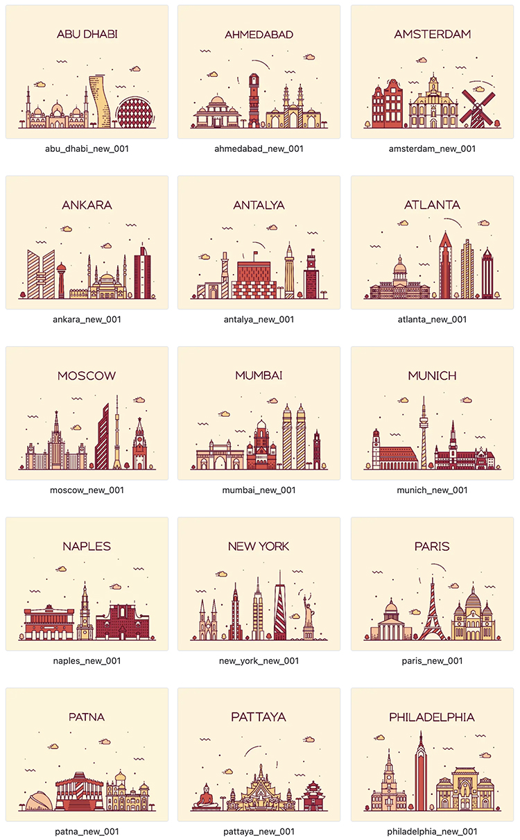 世界各地城市地标建筑线性插画AI矢量源文件PNG免抠图片设计素材-cg男孩