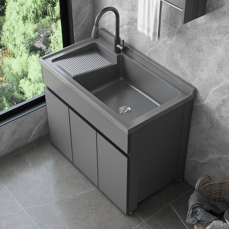 Balcony Laundry Cabinet Integrated Unit with Space Aluminum Washbasin, Washboard, and Large Quartz Stone Sink Balcony Laundry Cabinet Integrated Unit with Space Aluminum Washbasin, Washboard, and Large Quartz Stone Sink