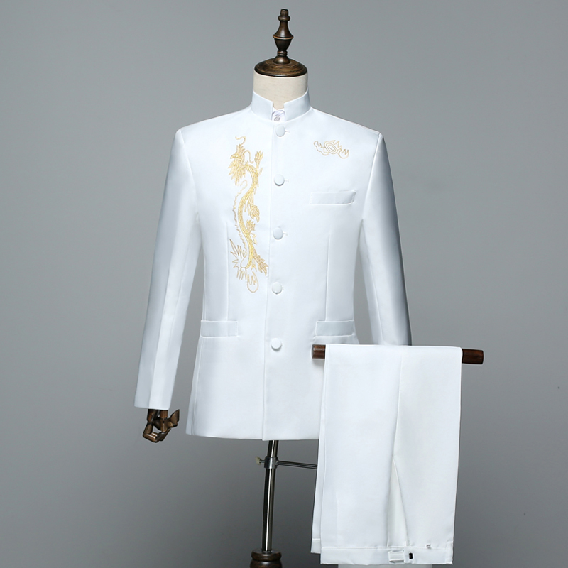Embroidered White Zhongshan Suit Performance Costume for Men, Singer, Host, Formal Attire, Adult Choir Stage Performance Clothing