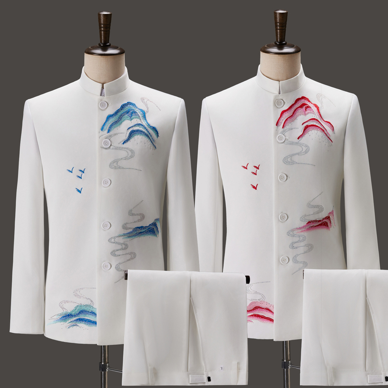 Zhongshan Suit for Men, Adult Performance Costume, Choir Stage Suit, Chinese Style Banquet Host Singer Performance Dress