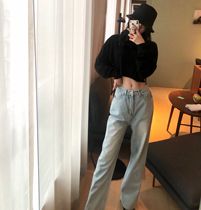 21 Spring and summer new mid-high waist straight denim trousers loose version thin long legs old father pants Hyuna the same female