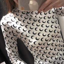 21 spring and summer ins Super fire printing T-shirt moon base shirt fluorescent green sunscreen Ice Silk low collar slim tight female