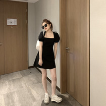 Retro harbor wind bubble sleeve square collar thin dress black high waist can salt sweet A- line dress little girl