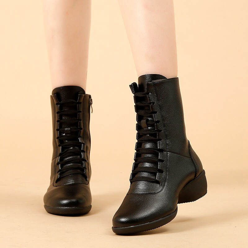 Women's high-top dance shoes with soft soles outerwear adult square dance shoes genuine leather plus velvet dance boots mid-heel sailor dance shoes