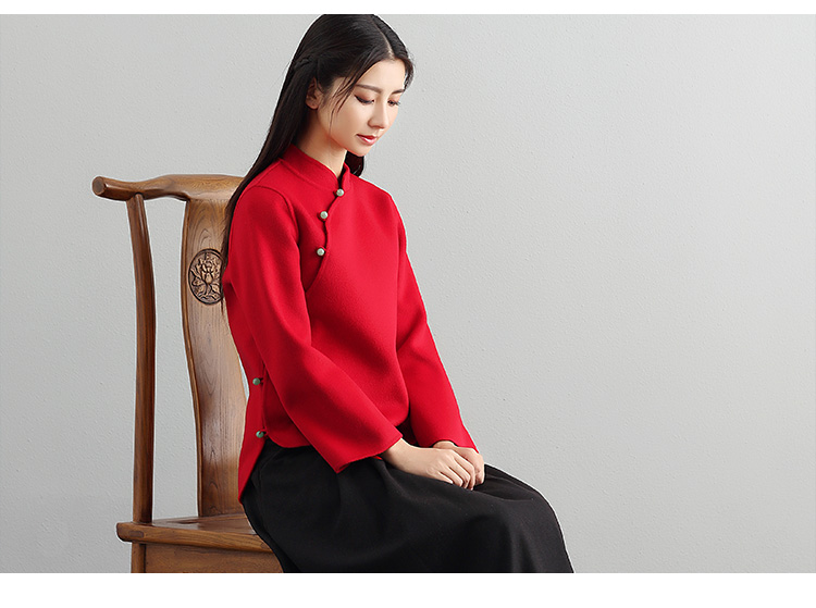 Mùa thu và mùa đông Hanfu phụ nữ phục vụ trà phong cách quốc gia nghệ thuật retro áo len ngắn váy nữ váy hai mảnh áo khoác lót lông nữ