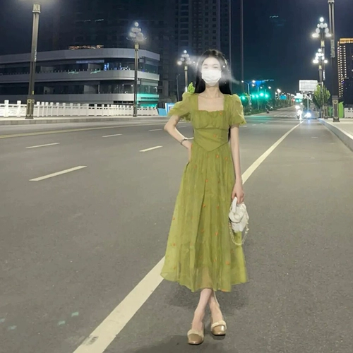 Зеленый корсет, летнее платье, юбка, французский стиль, квадратный вырез, изысканный стиль