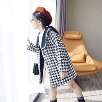 Girls wool coat 2020 winter foreign style houndstooth thickened medium-long wool coat Childrens autumn and winter fashion