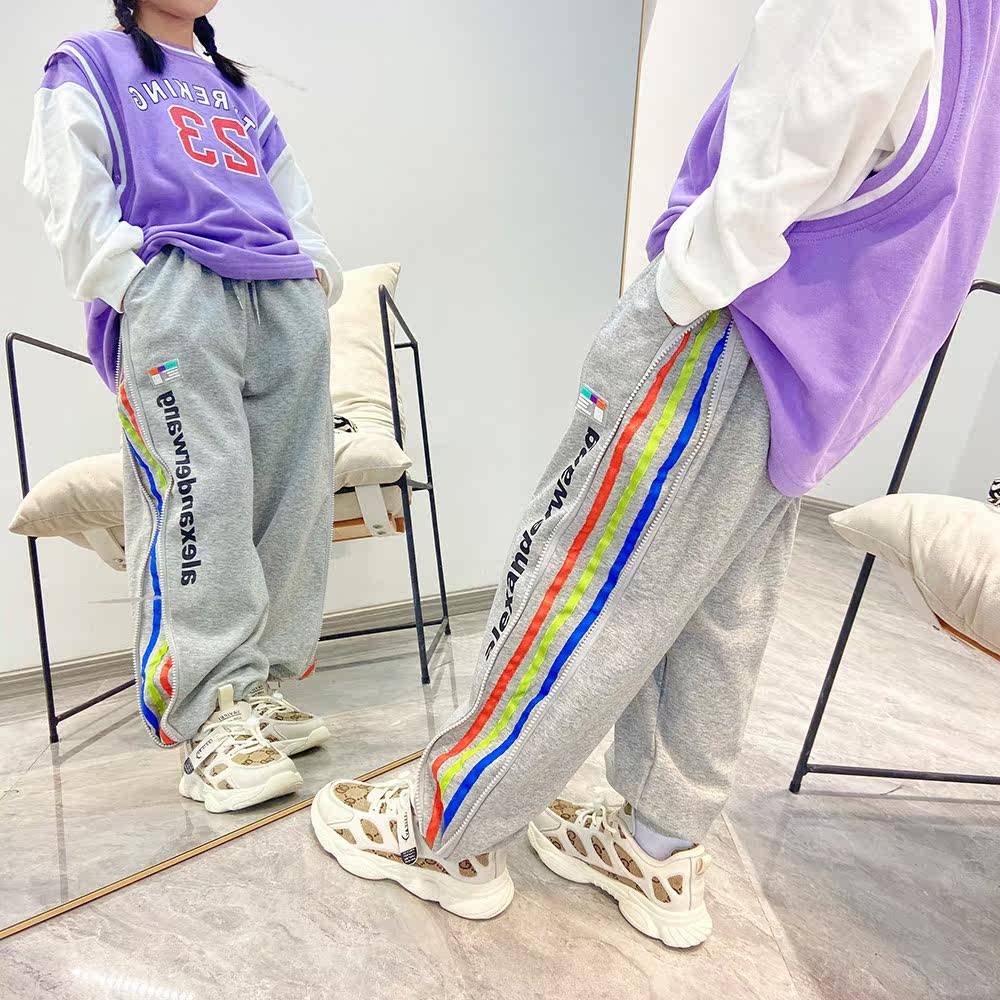 Boy sports pants 2021 New spring style Grey Casual Pants Pants Children Thin section Laced Dress Color lace pants