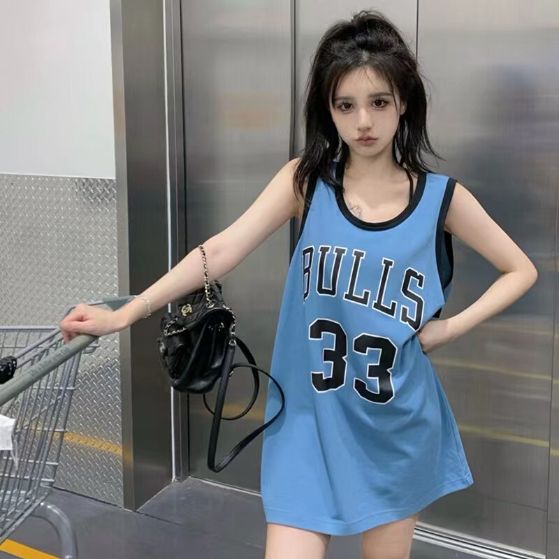 Women's Summer Sleeveless Mid-Length Jersey T-Shirt, Pure Cotton, American Retro Style, Loose Fit, Suitable for Outdoor Wear, Trendy