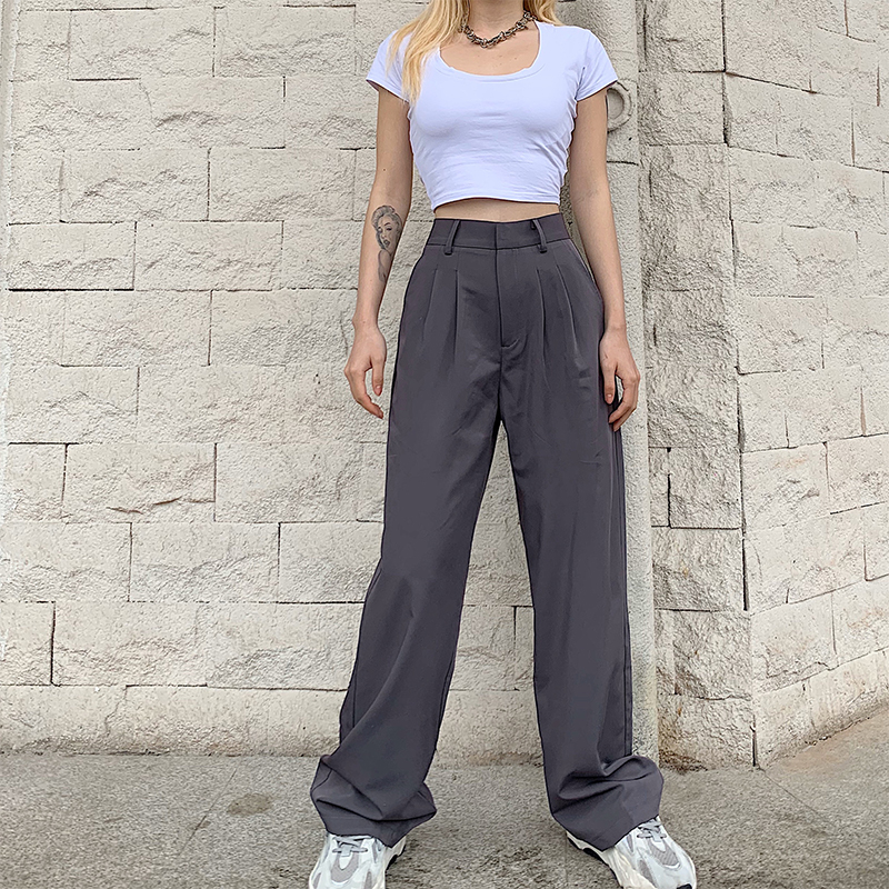 WEEKEEP gray casual pants women loose straight mopping wide leg pants high waist thin sports all-match suit pants