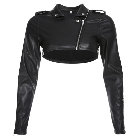 Hong Kong style retro ultra-short leather jacket female locomotive punk style cool black PU top outerwear all-match trendy autumn