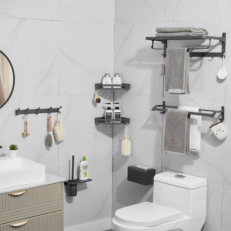 Space Aluminum Gun Grey Bathroom Hardware Pendant Suit Free of perforated light and luxurious towel rack Folding Dressing Room Shelf