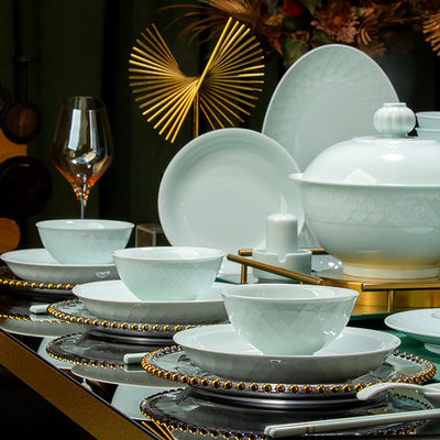 DIY Jingdezhen high-temperature underglaze colored tableware bowl and plate set, household white porcelain tableware relief bowl, gift for moving into a new home
