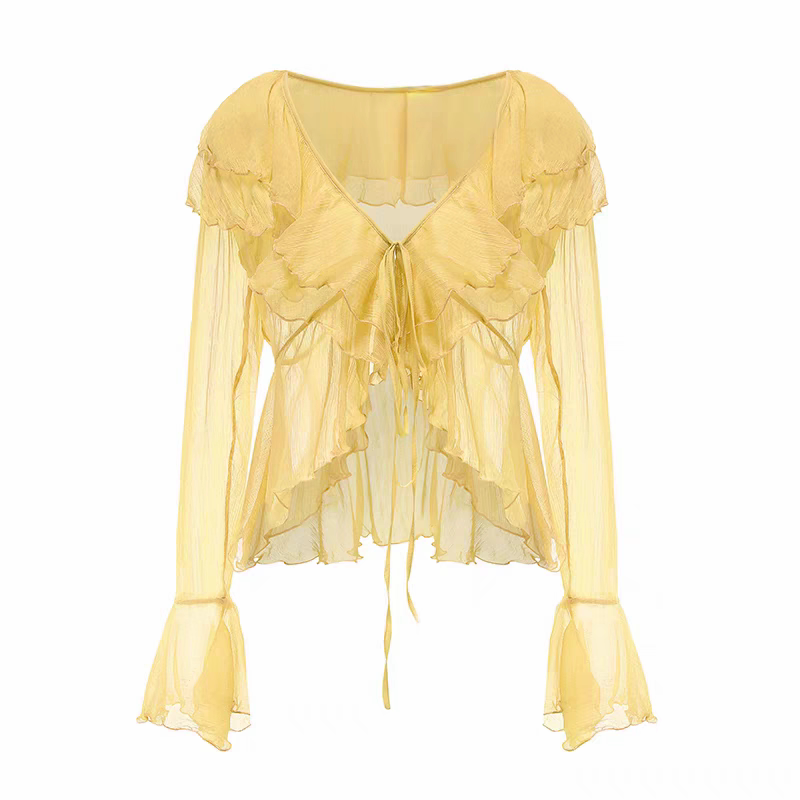 Super Fairy-Like Trumpet Sleeve Blouse Shawl for Women, High-End Summer Thin 100% Mulberry Silk Cardigan Sun Protection Top